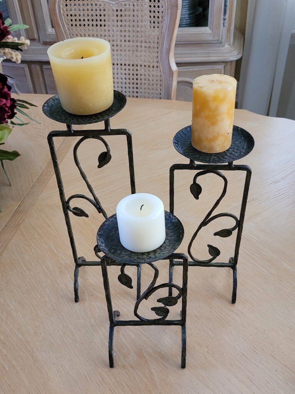 Decorative Iron Triple Pillar Candle Holders with Leaf Motif